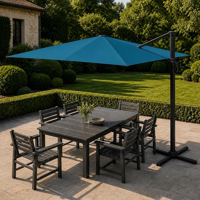 Kingdura 10x10 FT Cantilever Patio Umbrella with Base Included, Large Square Aluminum Offset Outdoor Pool Umbrella, 360° Rotation & 4-Position Tilt, UV Protection for Deck Backyard (Lake blue)