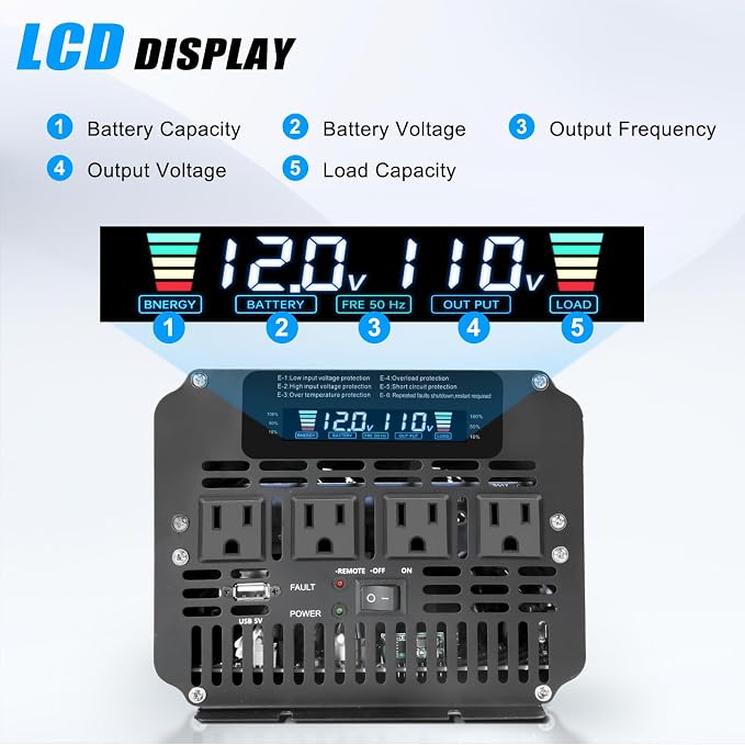LVYUAN 3000 Watt Power Inverter 12V to 110V 120V for Vehicle, Solar Inverter System, Heavy Duty, RV, Truck, Off Grid,Camping with 4 AC Outlets, LCD Display, Wireless Remote Control, Car Power Inverter