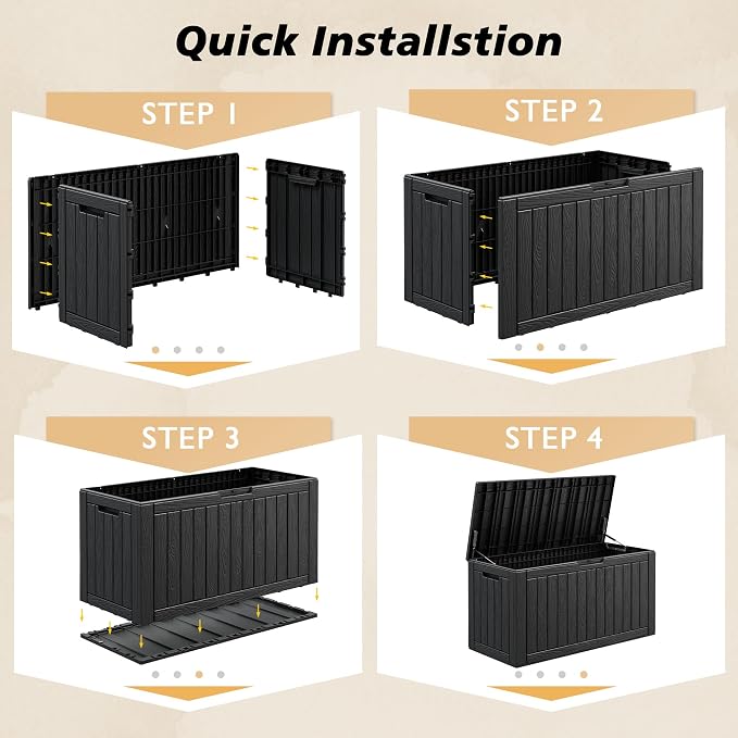 Fancyango 110 Gallon Outdoor Deck Box Waterproof, Large Storage Box for Patio, Resin Storage Bench Lockable for Garden Tools, Package Delivery, Black