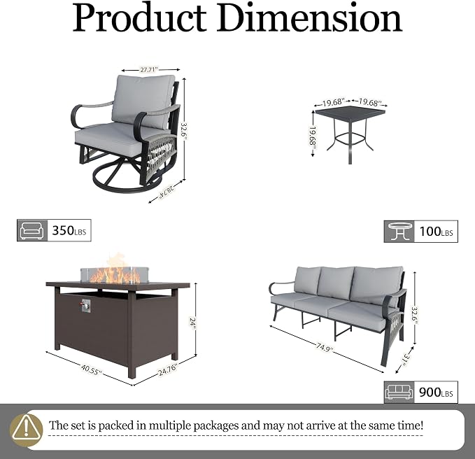 5-Piece Outdoor Furniture Set, Metal Swivel Rocking Chairs with All-Weather Cushions, Rope Patio Conversation Set with Fire Pit Table for Deck, Porch, Garden, Backyard, Poolside (Gray Cushions)