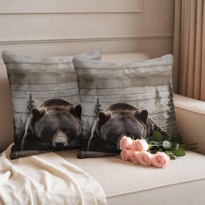 Sleeping Bear Outdoor Pillow Covers 20"x20" Set of 2, Animal Forest Rustic Planks Waterproof Throw Pillow Covers for Patio Furniture, Decorative Cushion Covers for Porch