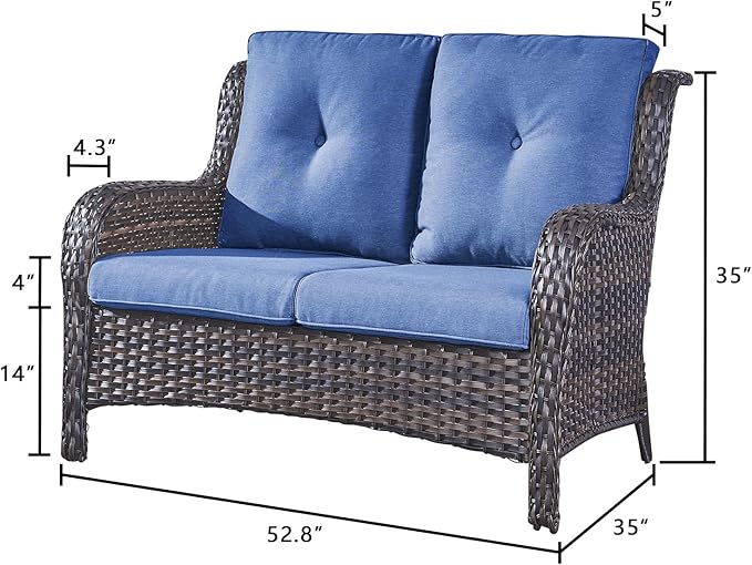 Rilyson Outdoor Loveseat Wicker Patio Sofa - 2-Seat Rattan Outdoor Couch Patio Furniture with Deep Seating and Comfortable Cushions for Outside Porch Deck Balcony(Brown/Blue)