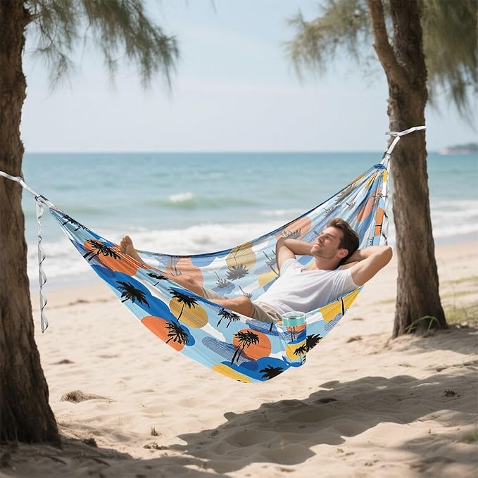 Camping Hammock Outdoor Hammocks for Outside Palm Tree Silhouette Beach Trees Portable Lightweight with Pockets Tree Straps Indoor