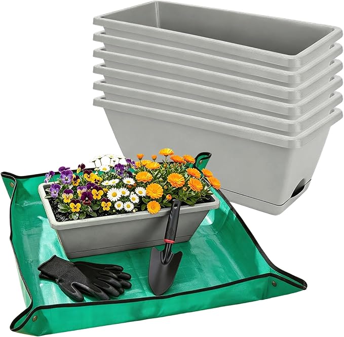 7 Pack Outdoor Planters, Plastic Rectangular Flower Pots with Saucers and Gardening Tools, 17 Inches for Indoor/Outdoor Plants, Herbs, Vegetables, Includes Trowel, Waterproof Mat & Gloves(Offwhite)