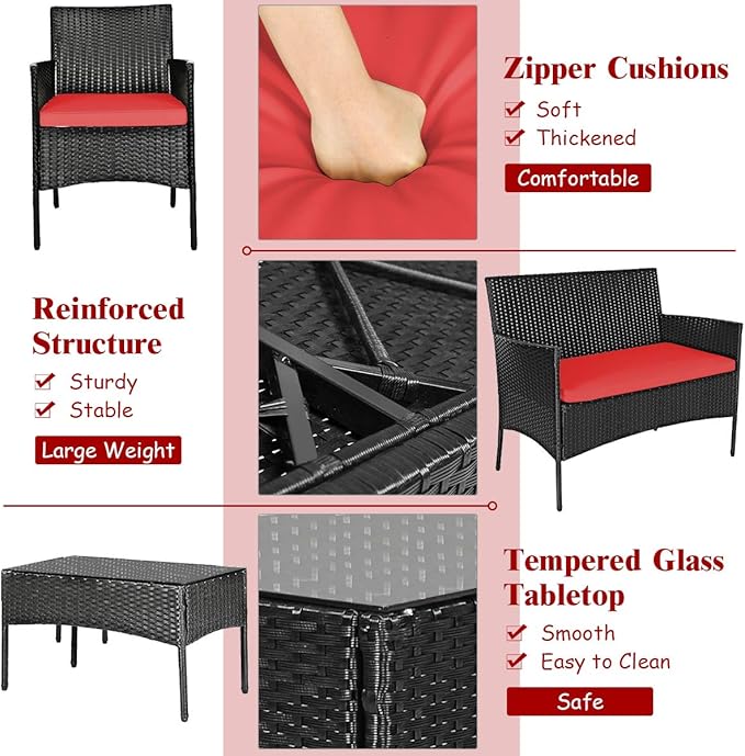 Tangkula 4 Piece Patio Furniture Set, Outdoor Wicker Conversation Set with Tempered Glass Coffee Table, Rattan Loveseat & Chairs Set with Seat Cushions for Backyard, Garden, Poolside (1, Red)