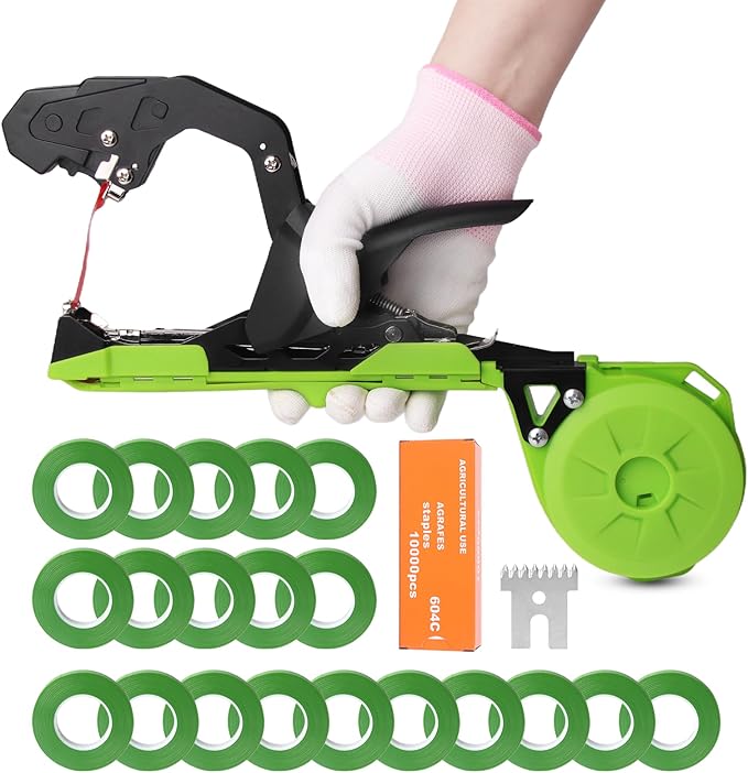 Cekegon Plant Tying Machine, 420g Tapener Tying Tool Plant Tying Tool with 10000pcs Staples 20 Rolls Tape (Green)