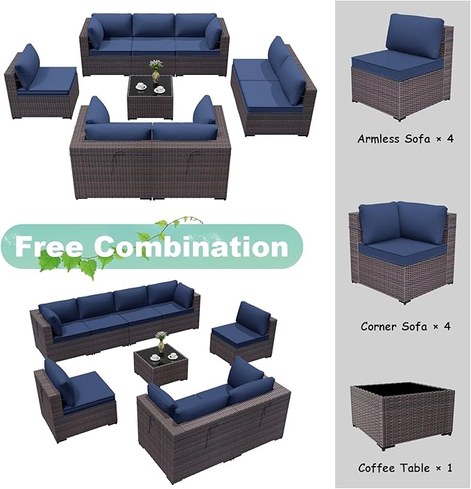 ALAULM 9 Pieces Patio Furniture Set Wicker Patio Conversation Set with 4 Corner Sofas, Outdoor Sectional Furniture w/Coffee Table & Washable Seat Cushions-Dark Blue