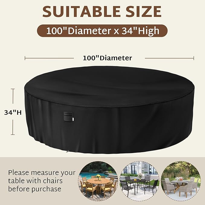iBirdie Round Patio Furniture Cover 100 x 34 inch, Outdoor Waterproof and Weatherproof for Garden Table and Chairs, Heavy Duty 600D, fit 100, 99, 98, 97, 96, 95 Diameter