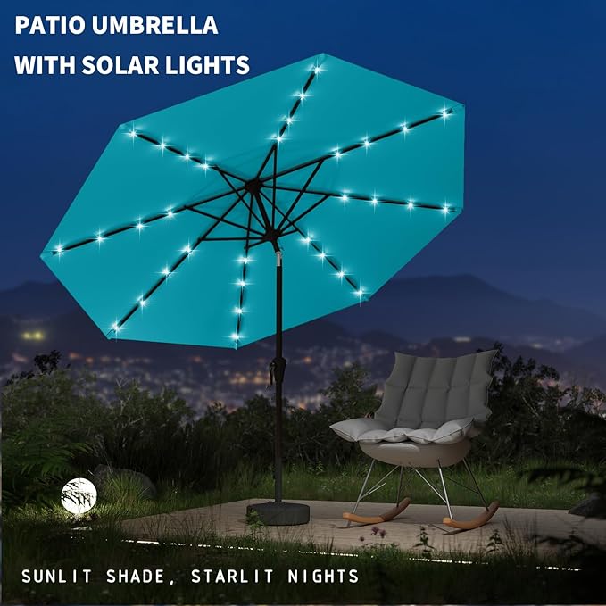 9FT Patio Umbrella with Solar Lights,Outdoor Market Umbrella with Tilt and Crank, LED Lighted Table Umbrella for Garden,Deck,Backyard,Pool,Beach (Light Blue)