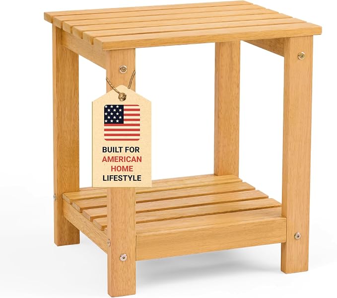 Premium 2-Tier Eucalyptus Wood Side Table with Slatted Storage Shelf, 13" x 16" x 17.5", Wooden Accent Table for Living Room, Entryway or Bedside (Golden)