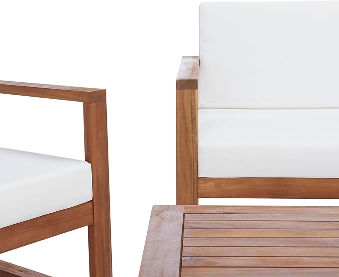 SAFAVIEH Outdoor Collection Emiko Natural/Beige Cushion Solid Wood 4-Piece Conversation Patio Set