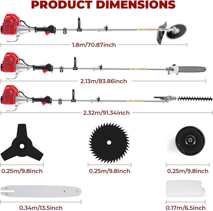 COOCHEER 58CC Gas Powered Weed Wacker, 5-in-1 Multi-Function String Trimmer, Brush Cutter, Hedge Trimmer, Edger, and Pole Chainsaw, 2-Cycle Gas Powered Garden Multi-Tool for Lawn Care
