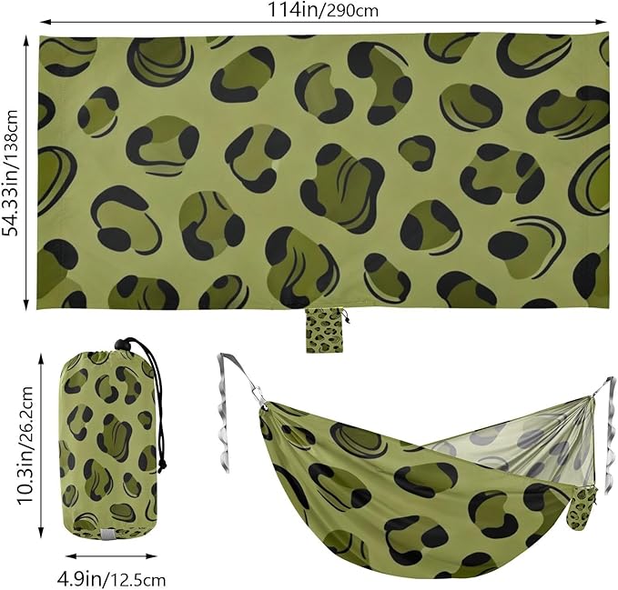 Green Leopard Print Camping Hammocks Fabric Hammock for Outside Patio Backyard Poolside