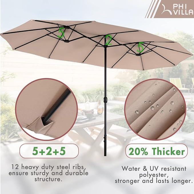 PHI VILLA 7pc Patio Dining Set with Beige Umbrella, 6 Rattan Chairs | PE Rattan Chairs with Cushion, 13ft Large Beige Umbrella, Powder-coated, for Deck, Yard, Porch