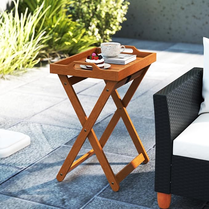 Tangkula Outdoor Wood Tray Table, Patio Portable Side End Table with Removable Serving Tray and Folding Frame, Outside Coffee Bistro Furniture for Porch, Balcony and Garden (1)