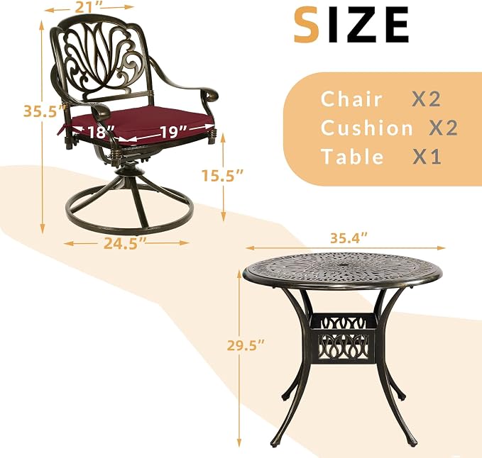 3-Piece Outdoor Patio Dining Set, All-Weather Cast Aluminum Patio Furniture Set for Backyard Garden Deck with 2 Swivel Cushioned Chairs and 35.4” Round Table, 2" Umbrella Hole, Chili Red