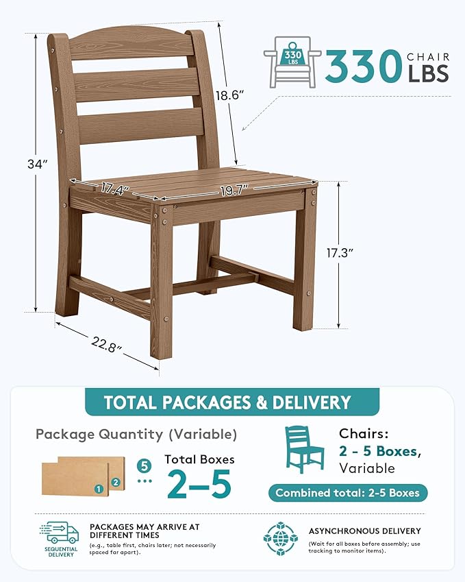 SERWALL Outdoor Armless Dining Chairs Set of 4, All-Weather HDPE Patio Dining Chair with 19.7" Widened Seat, for Backyard, Deck, Lawn and Garden, Brown