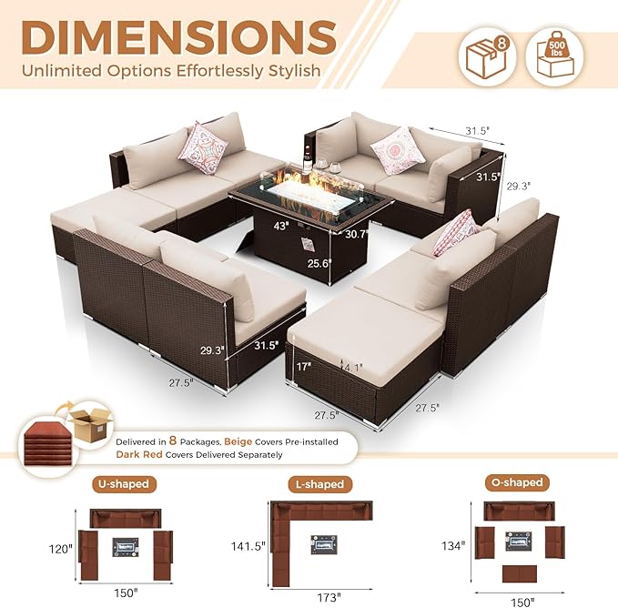 BULEXYARD 11 Piece High Back Outdoor Furniture Set with Firepit, Elegant Patio Conversation Set with Ottoman Modular, Extra Wide Deep 10-Seats Sectional Couch Sofa for Yard, Brown Rattan & Red Cushion