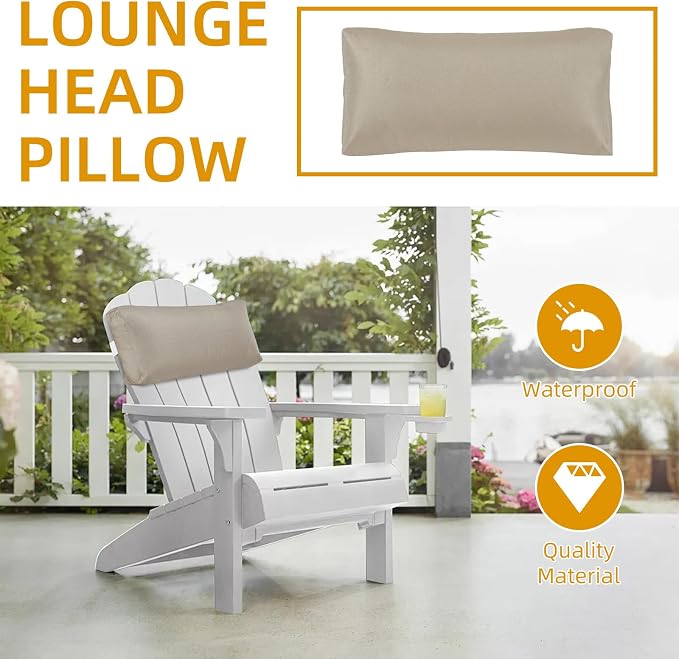 Outdoor Beach Chair Pillow, 4pcs Pool Lounge Chair Pillows Patio Headrest Pillow Lumbar Pillows with Insert and Adjustable Elastic Strap for Chaise Recliner Patio Office, Khaki