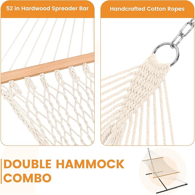 Lazy Daze Hammocks Rope Hammock with Pad, Spreader Bar, Carabiners, Tree Straps, Chains for Outside Patio- Max 450 Lbs, Grey