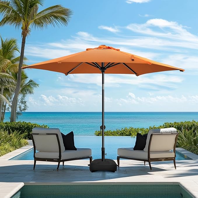 wikiwiki 7.5FT Patio Umbrella with Base, Outdoor Umbrellas with Base Included, 6 Sturdy Ribs, Waterproof Fade Resistant POLYESTER DTY Canopy for Deck, Lawn, Garden, Backyard & Pool, Orange