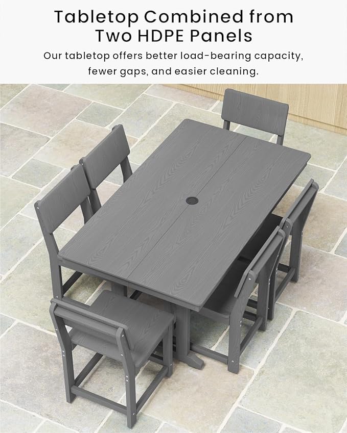 7-Piece HDPE Outdoor Dining Set, Weatherproof Patio Table and Chairs for 6, Outdoor Dining Table Set for Outside Deck Backyard Garden, Grey