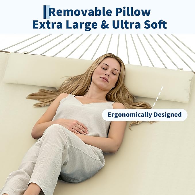 2 Person Outdoor Hammock with Stand, Cotton Rope Hammock with Polyester Pad, Adjustable Steel Frame, 2-in-1 Hammock for Patio, Backyard, Garden, Beach (Beige