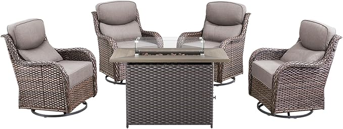 Luxury High Back Patio Furniture Set Fire Pit Table with 6-Inch Thick Cushions, 5-Pieces Outdoor Furniture w/ 4 Swivel Chairs, Wicker Conversation Set for Porch, Balcony, Deck and Yard, Brown/Grey