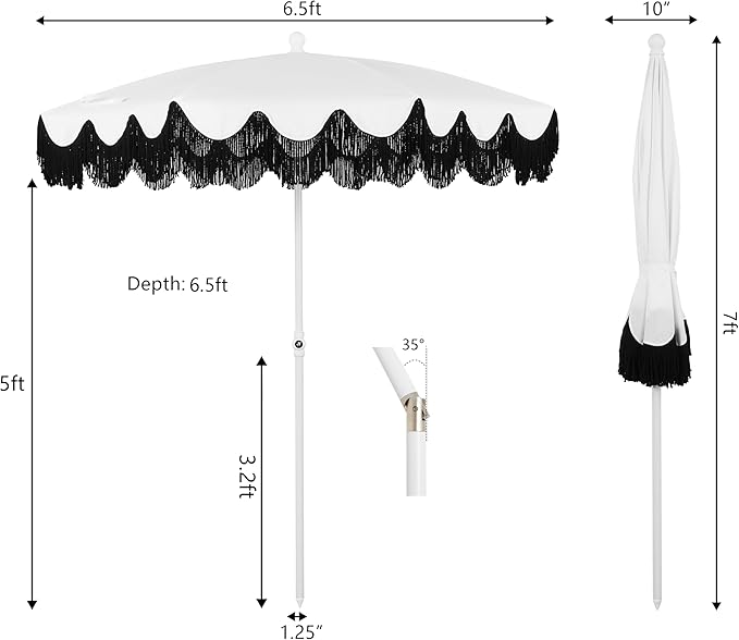 JONATHAN Y Mariner 6.5 ft. Beach Umbrella, White Solid with Fringe, Push-Button Tilt, UPF 50+ Sun Protection and Carrying Bag for Patio and Pool, White Pole UMB1005U