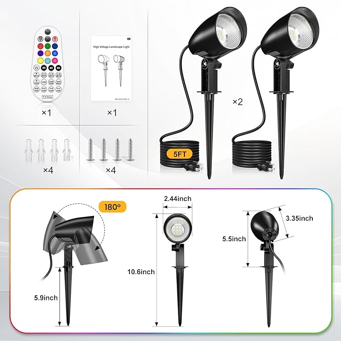 20W RGBW Outdoor LED Landscape Lighting Color Changing Spotlight with Remote Control 1880LM IP66 Waterproof Spot Lights for Christmas Halloween Decorative Yard Garden Pathway 120V US Plug 2 Pack