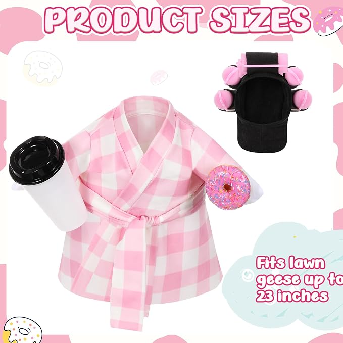 Shyyween Lady Porch Goose Outfit for 23'' Cement Plastic Lawn Goose Statue Clothes Pink Plaid Bathrobe Coffee Cup Curlers for Outdoor Garden Yard Patio Decoration