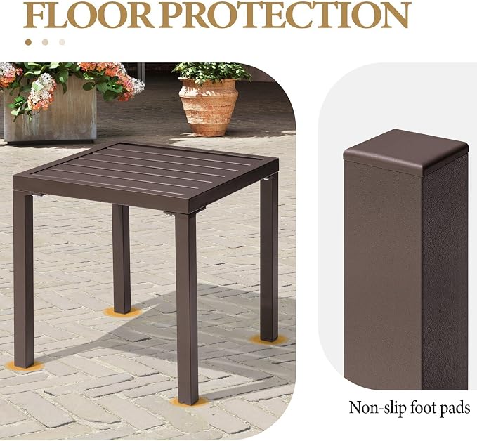 Crestlive Products Outdoor Side Table, Small Square Metal End Table Easy Assembly & Weather Resistant Pool Side Tables for Patio Balcony（Brown