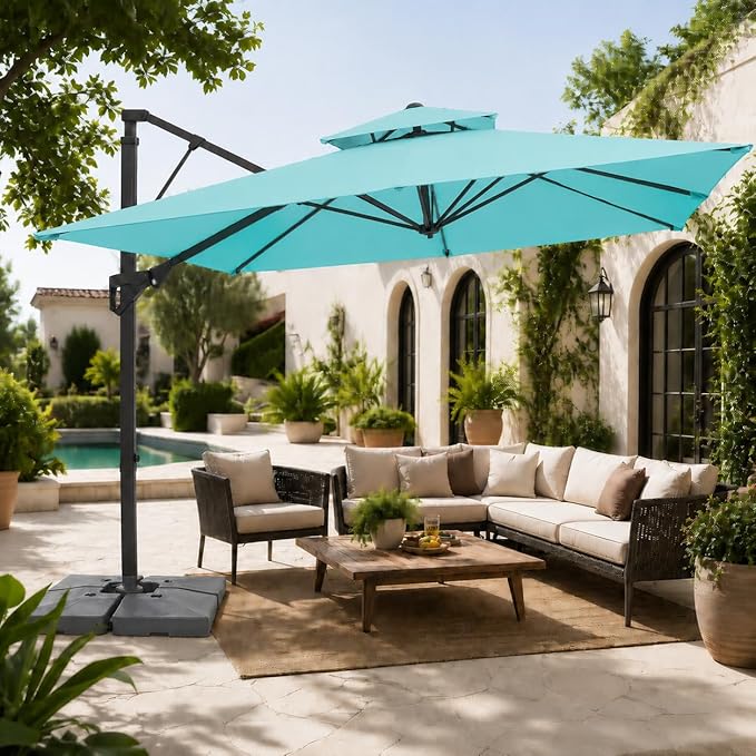 JEAREY 9ft 2-Tier Cantilever Patio Umbrella, Large Square Outdoor Offset Umbrella with Double Top Vent and 360-degree Rotation for Garden, Deck, Pool, Patio, Peacock Blue