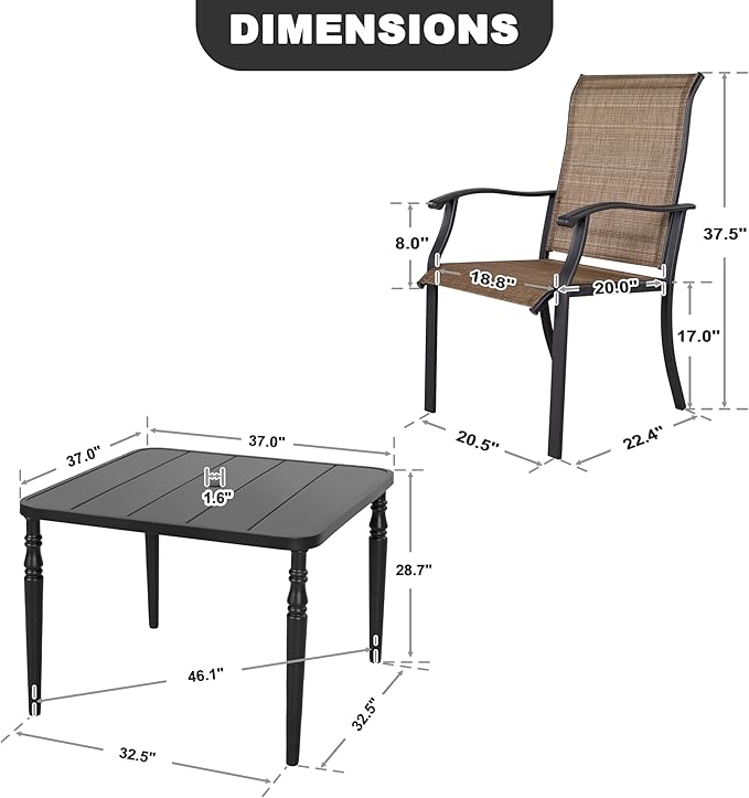 NUU GARDEN 5-Piece Patio Dining Set with Umbrella Hole Includes Slatted Square Table and 4 Ergonomic Textilene Chairs All-Weather Furniture for Garden Backyard Deck Poolside Black Brown