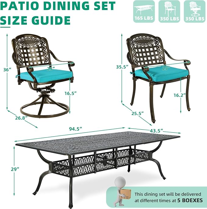 VIVIJASON 9-Piece Outdoor Dining Set, Cast Aluminum Patio Table & Chair Furniture Set, Include 94.5" Rectangular Table, 2 Swivel Rocker Chairs, 6 Stationary Chairs, Umbrella Hole, Ocean Blue Cushion