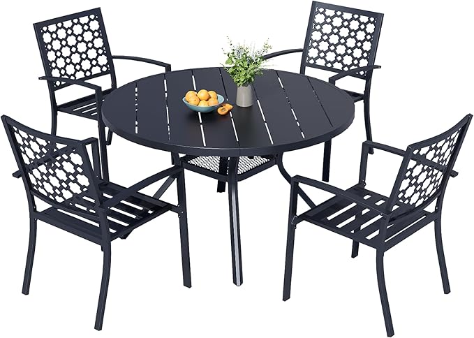 MEOOEM 5-Piece Patio Dining Set for 4, Outdoor Round Tables and Stackable Chairs Set of 4, All Weather Heavy Duty Black Metal Outdoor Patio Table and Chairs for Outside, Deck, Garden, Backyard
