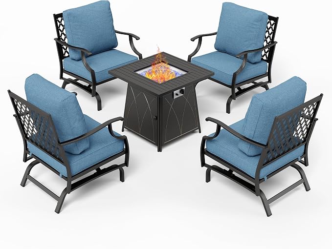 MIXPATIO Patio Furniture Set with Fire Pit Table, 5 Pcs Metal Outdoor Conversation Set, 4 Swivel Chairs with 5.75" Extra Thick Cushion and 28" Fire Pit Table for Backyard Deck, Navy Blue