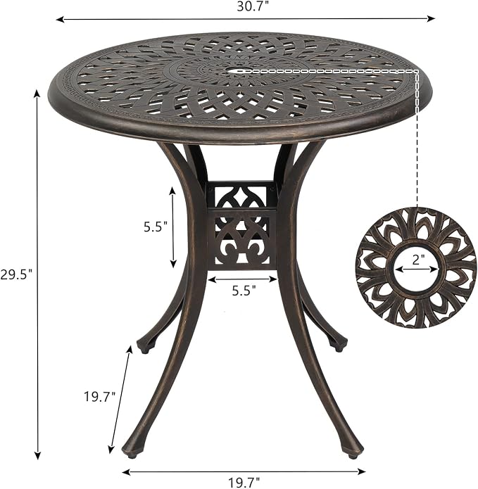34.5" Outdoor Bistro Table - Round Cast Aluminum Small Patio Side Tables, Outdoor End Table All Weather Furniture with Umbrella Hole and Antique Design for Balcony Yard Porch Garden Bronze