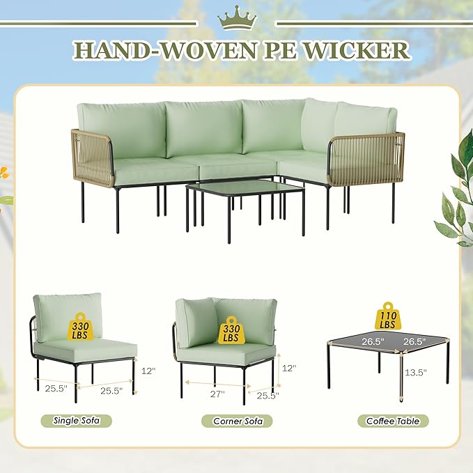 Patio Furniture Set, 5 Piece Outdoor Patio L-Shaped Conversation Set with Cushions and Table, All-Weather Rattan Woven Sectional Sofa for Backyard, Porch, Boho Detachable Lounger (Green)