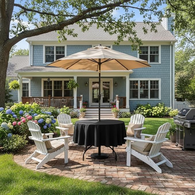 Outdoor Tablecloth Wrinkle-Free Stain Resistant Waterproof Polyester Fabric Table Cover with Zipper Umbrella Hole for Picnic/Party/Dinner/Patio Garden(60inch Round,Zippered,Black)
