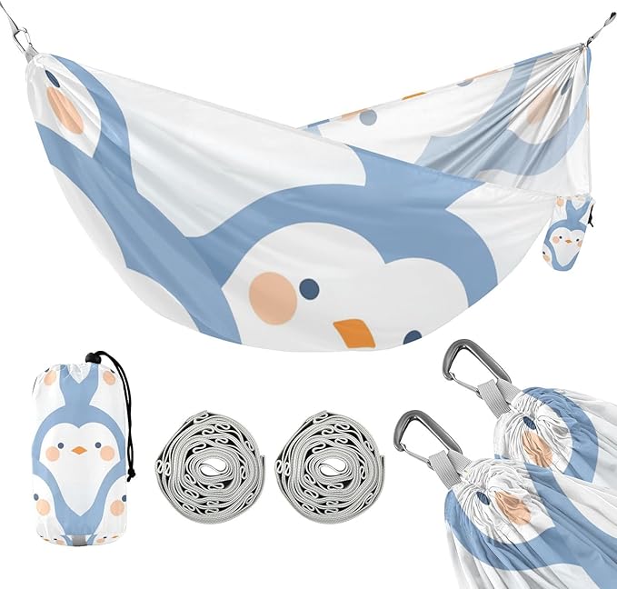 Delicate Cartoon Penguin Light Blue 330lb Capacity Outdoor Hammock with Hanging Rope Portable Hammock for Outside Camping Essentials hamaca con Base para adultos