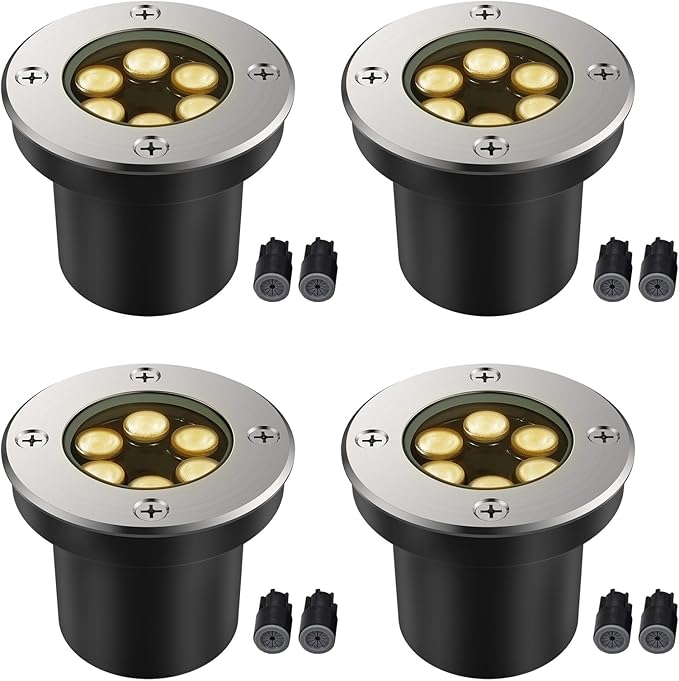 JESLED Low Voltage Landscape Lights, 6W LED Well Lights IP67 Waterproof, 3000K Warm White In-Ground Lights with Wire Connectors for Pathway, Deck, Patio, Yard, Garden (4 Pack)