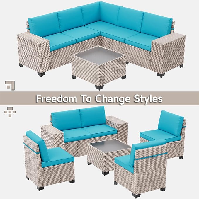 6-Piece Outdoor Patio Furniture Set, Modular Sectional Sofa Set with Glass Coffee Table and Cushions, Wicker Outdoor Couch Conversation Sets, Turquoise
