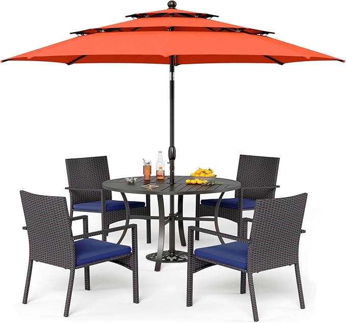 PHI VILLA 5pc Patio Dining Set with Umbrella, Round Table, Rattan Chairs | Includes 42" Round Metal Table, 4 Cushioned Rattan Chairs and 10ft Red umbrella. Perfect for patio, deck, yard, or porch