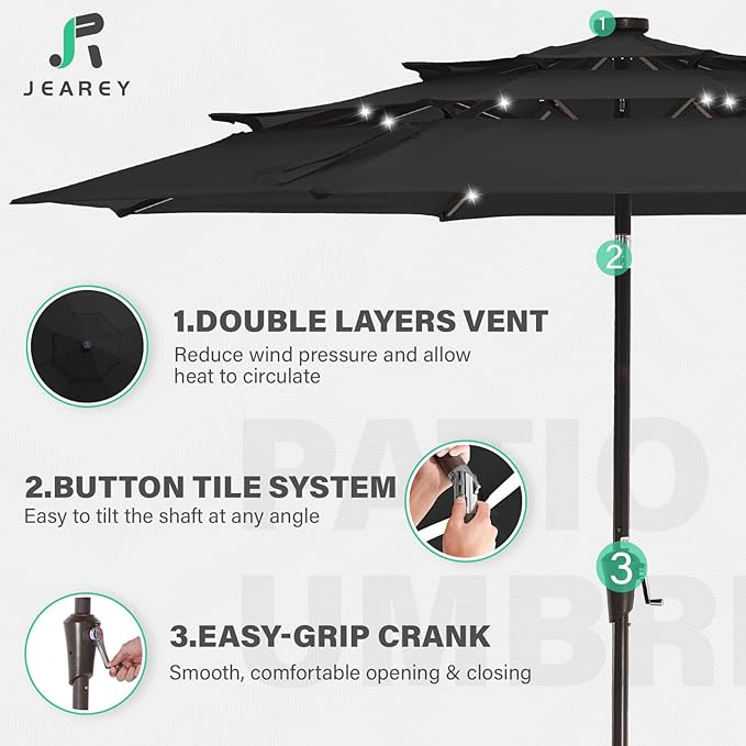 JEAREY 3 Tiers Patio Umbrella with Solar Lights 9ft Outdoor Market Table Umbrellas with Push Button Tilt for Outside Pool Garden, Black