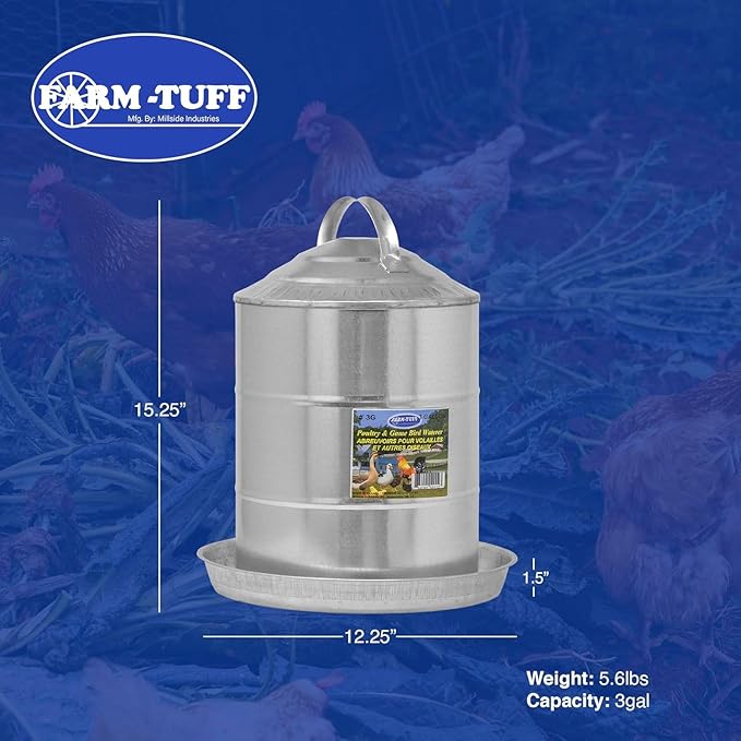 FARM-TUFF Galvanized Poultry Waterer, 3 Gallon Capacity - Double-Wall Poultry Fountain with Cone Top - Automatic Gravity-Fed Water Dispenser for Chickens, Ducks & Game Birds