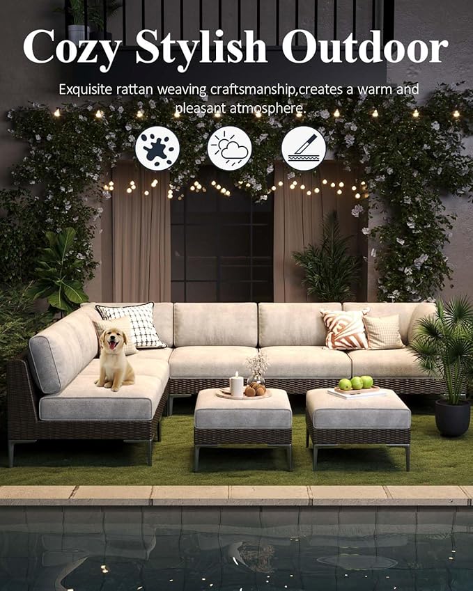 LayinSun 12-Piece Wicker Rattan Patio Furniture Set, Deep Seating Outdoor Modular Sectional Sofa Conversation Set with Thick Cushions for Lawn, Garden