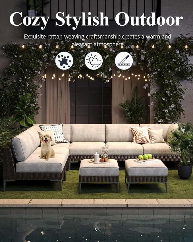LayinSun 12-Piece Wicker Rattan Patio Furniture Set, Deep Seating Outdoor Modular Sectional Sofa Conversation Set with Thick Cushions for Lawn, Garden