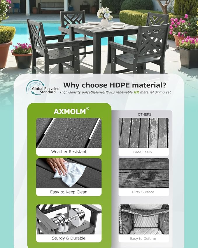 5 Piece HDPE Outdoor Dining Set for 4, Patio Dining Furniture Set with Square Table and Umbrella Hole, Outdoor Table and Chairs for Garden, Poolside, Backyard, Deck (Grey, 5 Piece Square Set)
