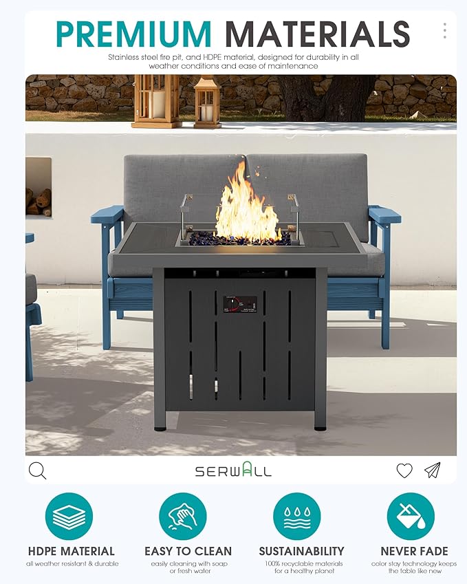 SERWALL Patio Furniture Set with 33” Fire Pit Table, HDPE Outdoor Sectional Sofa Set with Thickened Cushions, Blue Frame with Khaki Cushions
